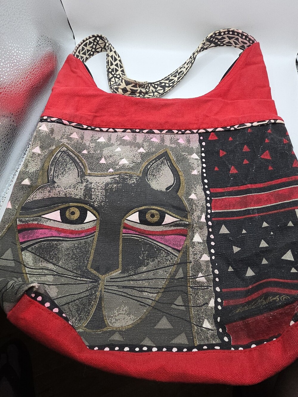 Laurel Burch Whiskered Cat Shoulder Tote HOBO Bag 12x13x4 Red Gray Black - Picture 3 of 9